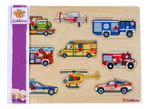 Drevené vkladacie puzzle Záchranné vozidlá Emergency Vehicles Eichhorn 9 dielikov so základňou od 12 mes