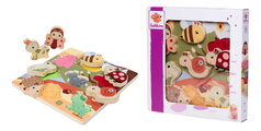 Drevené puzzle s textilnou štruktúrou Zvieratká Feel Puzzle with Fabric Eichhorn 7 vkladacích kociek so zvieratkami od 12 mes