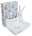 Plüss nyuszi dédelgetéshez kendővel Bunny with a Comforter White Doudou et Compagnie ajándékcsomagolásban fehér 10 cm 0 hó-tól