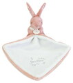 Plüss nyuszi dédelgetéshez kendővel Bunny with a Comforter Pink Doudou et Compagnie ajándékcsomagolásban rózsaszín 10 cm 0 hó-tól