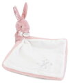 Plüss nyuszi dédelgetéshez kendővel Bunny with a Comforter Pink Doudou et Compagnie ajándékcsomagolásban rózsaszín 10 cm 0 hó-tól