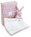 Plüss nyuszi dédelgetéshez kendővel Bunny with a Comforter Pink Doudou et Compagnie ajándékcsomagolásban rózsaszín 10 cm 0 hó-tól