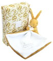 Plüss nyuszi dédelgetéshez kendővel Bunny with a Comforter Ochre Doudou et Compagnie ajándékcsomagolásban sárga 10 cm 0 hó-tól