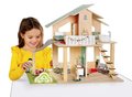 Drevený domček pre bábiky Doll´s House with Furnitures Eichhorn poschodový so 4 izbami 3 figúrkami a nábytkom výška 44 cm