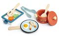 Drevený riad s panvicou Pots and Pans Tender Leaf Toys s varechou a potravinami