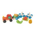 Drevený skladací vláčik Happy Train Tender Leaf Toys 14-dielna súprava s 3 vozňami a geometrickými tvarmi od 18 mes