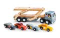 Drevený kamión Car Transporter Tender Leaf Toys s pohyblivou plošinou a 4 autíčkami