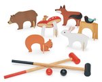 Drevená sada na kroket Woodland Indoor Croquet Set Tender Leaf Toys 2 palice s loptičkami a 6 bránok v tvare zvieratiek v plátenej taške
