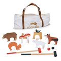 Drevená sada na kroket Woodland Indoor Croquet Set Tender Leaf Toys 2 palice s loptičkami a 6 bránok v tvare zvieratiek v plátenej taške