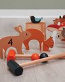 Drevená sada na kroket Woodland Indoor Croquet Set Tender Leaf Toys 2 palice s loptičkami a 6 bránok v tvare zvieratiek v plátenej taške
